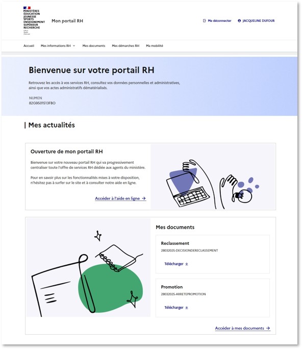 Apercu de l'accueil de Mon portail RH