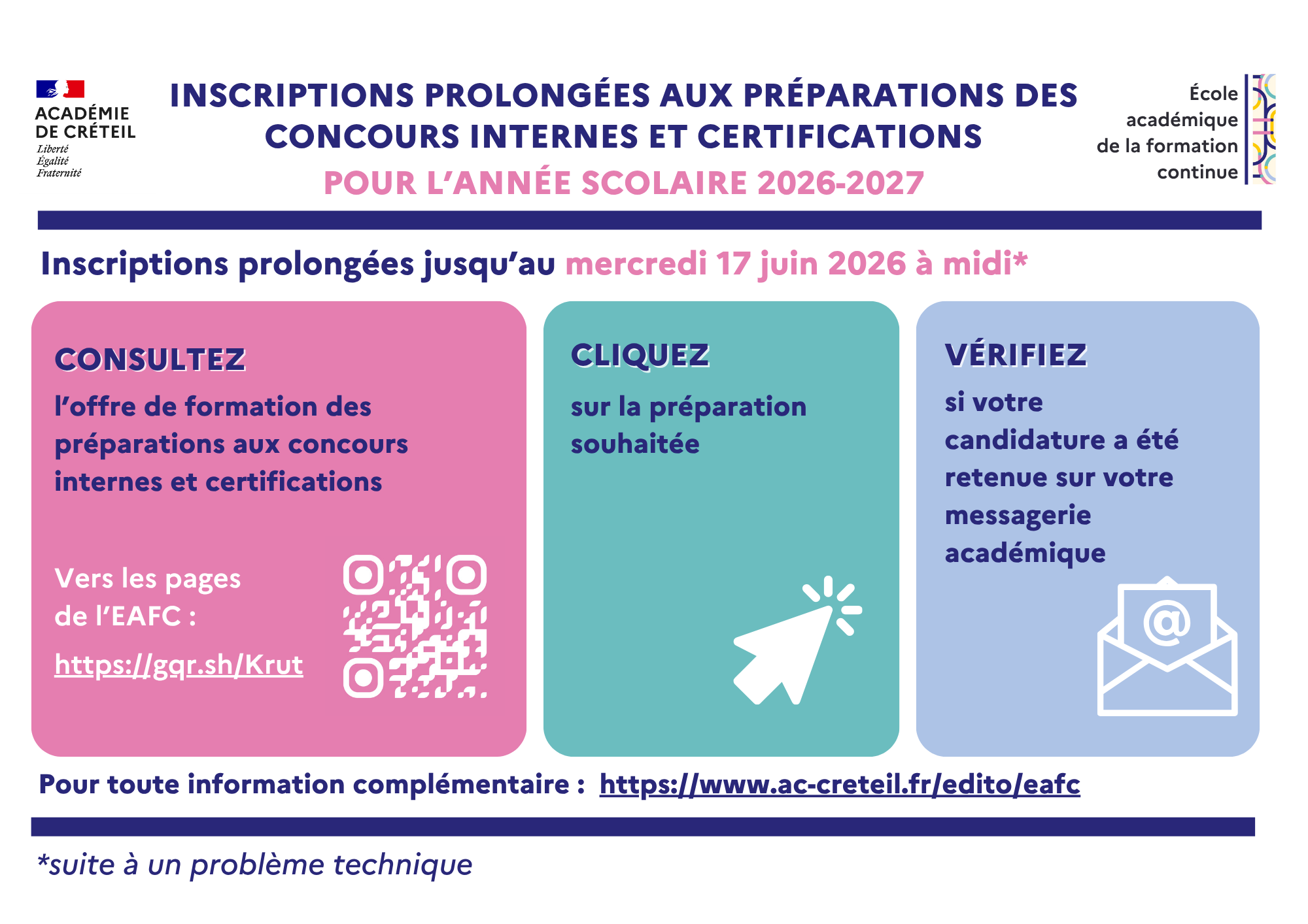 Les pré-inscriptions aux préparations de concours internes et de certifications sont exceptionnellement prolongées jusqu'au mercredi 17 juin à midi